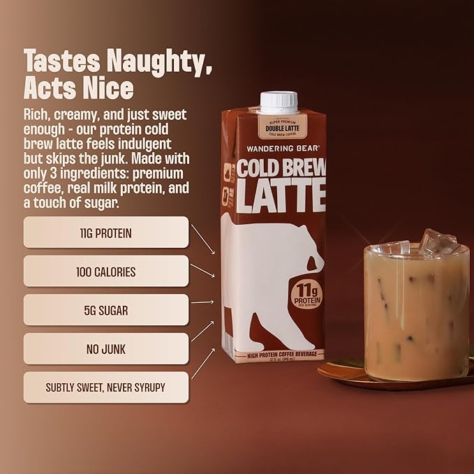 Wandering Bear Double Latte Organic Cold Brew Coffee — 32 fl oz, 3 pack - Creamy High-Protein Cold Brew Latte, 11 g Protein, Only 100 Calories, 5 g Sugar, Double Shot Strength (Shelf-Stable)