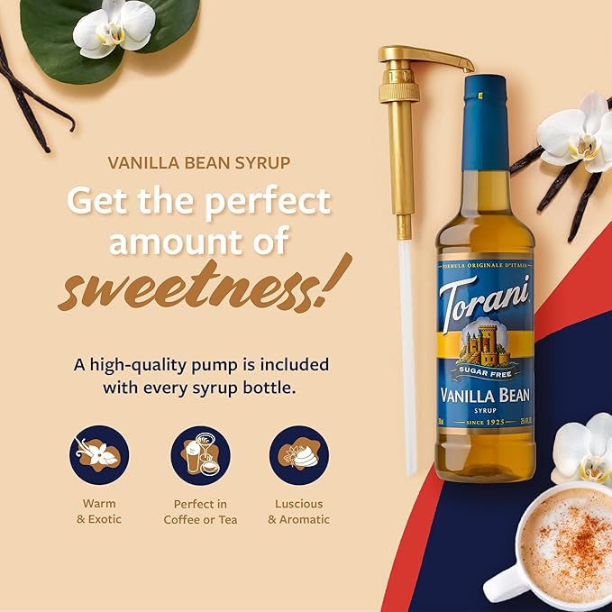 Torani Sugar Free Coffee Syrup, Vanilla Bean Flavoring for Drinks, Zero Calorie, Pump Included, 25.4 Fl Oz