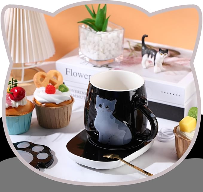 Honeydak Coffee Mug Warmer Cute Cat Mug Set Cup Warmer for Desk for Women Heated Coffee Warmer for Mom Home Office Christmas Birthday Gifts(Black)