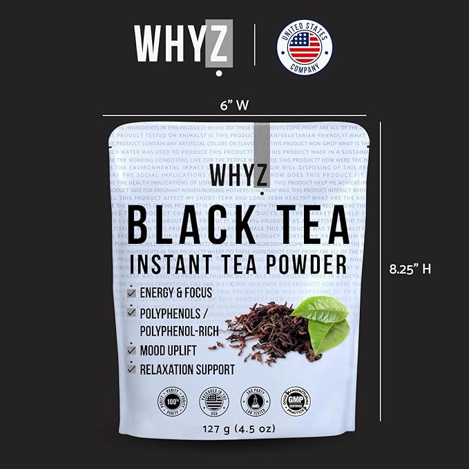 WHYZ Instant Black Tea Powder, 4.5 oz, Unsweetened Iced Tea Concentrate from Real Black Tea Leaves, Instant Powder for Hot & Cold Drinks, Powdered & Unsweet Tea 127 Servings