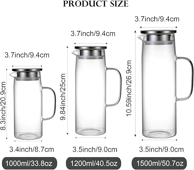 Glass Pitcher With Lid and Spout - Iced Tea and Beverage Pitcher for Fridge, Small Water Jug 1000ml/34oz