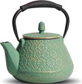 Cast Iron Teapot, 32oz Japanese Sakura Blossom Pattern Tea Kettle, Stovetop Safe, Infuser for Loose Leaf & Coffee, Silicone Handle, Enamel Interior, 950ml Green