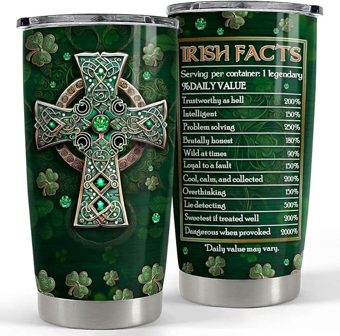 SANDJEST Irish Tumbler 20oz Irish Facts Celtic Cross Stainless Steel Tumbler with Lid Gift for Women Birthday Christmas