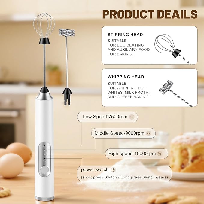 BEoffer Milk Frother Handheld + Stand Rechargeable 2000mAH Power Frother Wand Electric Foam Maker with 2 Stainless Whisks 3 Speeds Drink Mixer Coffee Frother for Latte, Cappuccino Matcha Hot Chocolate