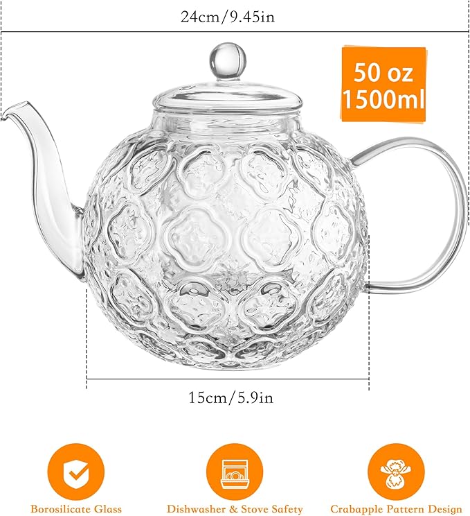 Glass Teapot with Removable Infuser-1500ml Clear GlassTea Pot for Stovetop, Borosilicate Microwave Safe Glass Tea Kettle and Tea Maker for Blooming & loose Tea
