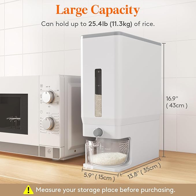 Lifewit Rice Container 25.4 Lbs, Rice Dispenser with Measuring Cup, Cereal Containers Storage, Sealed Moisture Proof Rice Bucket, Dry Food Grain Flour Soybean for Kitchen Pantry Household, White