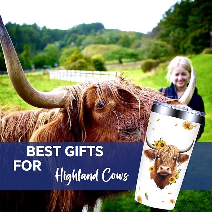 Highland Cow Tumbler - 20oz Stainless Steel Travel Mug, Cute Highland Cow Gifts for Women Friends, Birthday Gifts for Cowgirl, Farming Gifts for Female Farmers, Lover Presents for Friends, Bestie