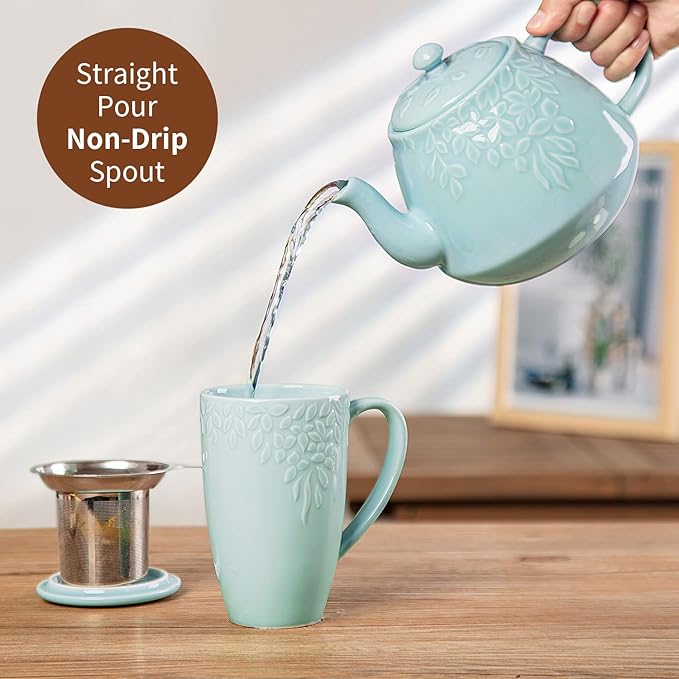 Toptier Ceramic Teapot, Large Tea Pot with Stainless Steel Infuser, Blooming & Loose Leaf Teapot for Tea Lover, Gift, Family (37 oz / 1100 ml, Blue)