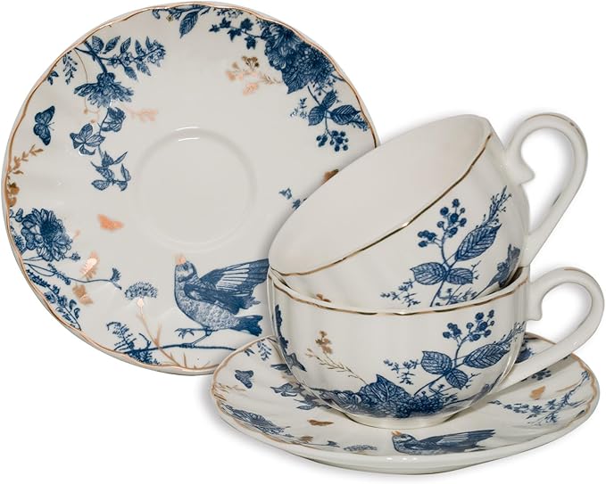 Tea Cups and Saucers Coffee Cappuccino Espresso Latte Cup Mugs Special Gold Line Ceramic Cup Porcelain Tea Cups Set of 2 (7 oz) for Gifts,Party,Gatherings, Afternoon Teas,Receptions
