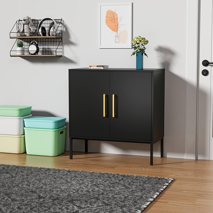 CARPETNAL Set of 2 Accent Storage Cabinet with Doors and Adjustable Shelf, Freestanding Buffet Cabinet, Modern Sideboard Buffet Cabinet for Living Room, Dining Room, Kitchen, Hallway (Black)
