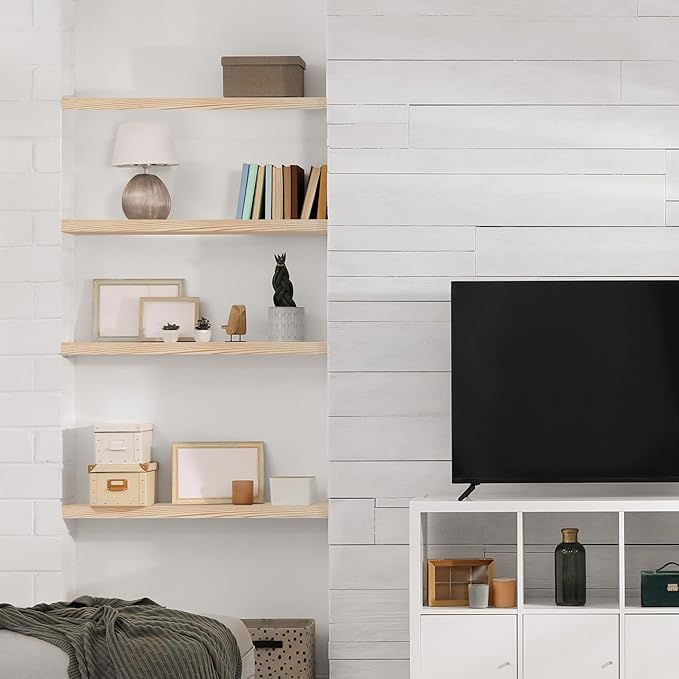 Sorbus Wood Floating Shelves for Wall - 24” Solid Wood Shelves for Bathroom Decor, Books, Bedroom & Living Room - Set of 2 Natural Wall Mounted Kitchen Shelves - Durable Solid Pine