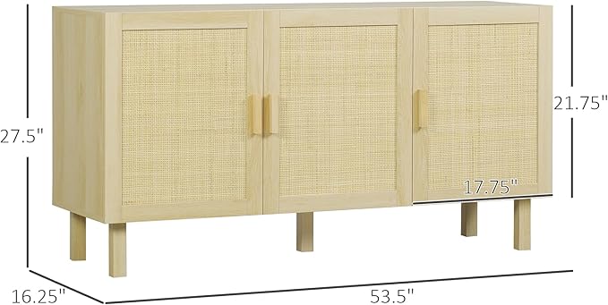 HOMCOM Boho Sideboard Buffet Cabinet, Coffee Bar Cabinet with 3 Rattan Doors and Adjustable Shelves for Kitchen, Living Room, Natural Mixed