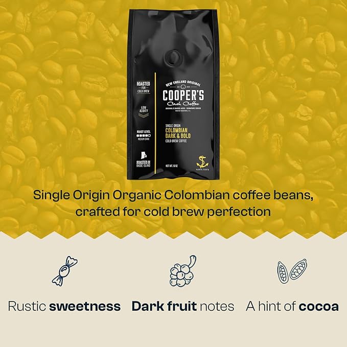 Colombian Dark Roast, Single Origin, Gourmet Organic Cold Brew Coffee Beans, Smooth Taste of Cocoa with Light Fruited Flavors, Cold Brew Coffee Grounds, 5 lb Coffee Bag