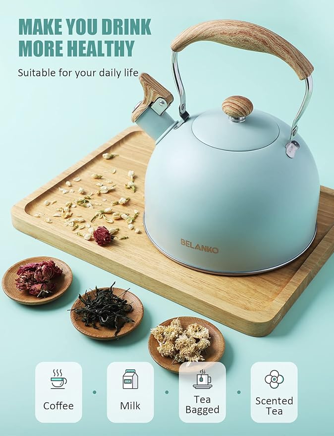 Tea Kettle, BELANKO 85 OZ / 2.5 Liter Whistling Tea Kettle, Tea Pots for Stove Top Food Grade Stainless Steel with Wood Pattern Folding Handle, Loud Whistle Kettle for Tea, Coffee, Milk - Turquoise
