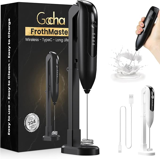 GOCHA | Electric Milk Frother Handheld - Rechargeable Coffee Frother with USB-C & 2 Speeds - Powerful RPM Latte Foam Maker for Cappuccino, Matcha, Hot Chocolate - Includes Stand & Whisk (Black)