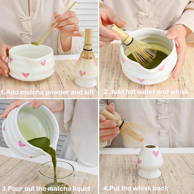 Matcha Whiks Set of 5 with Cute Love Heart Pattern Design,Matcha Set - Matcha Kit for Making Green Tea-Matcha Tools -Matcha Powder Kit-Starter Gift Set for Tea Lovers-Bowl and Whisk Holder Ceremonial