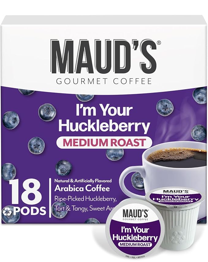 Maud's Huckleberry Flavored Coffee Pods, 18 ct, Medium Roast Flavored Coffee in Recyclable Single Serve Pods – 100% Arabica Beans, Compatible with Keurig K Cups Maker