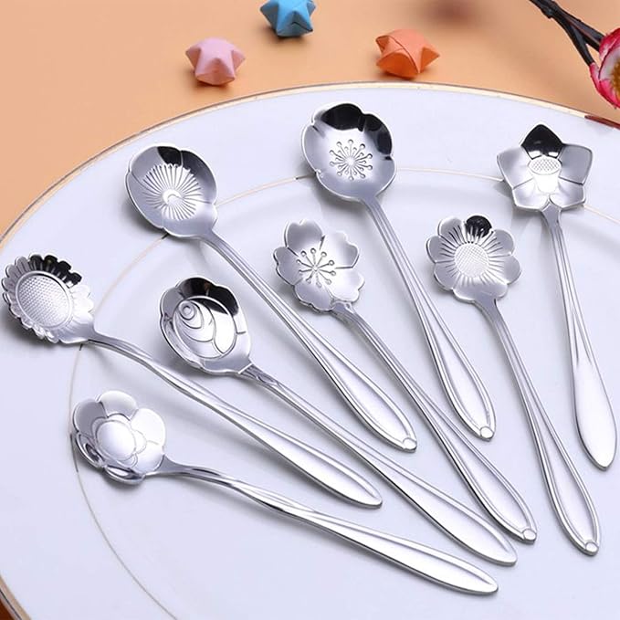 Creative Coffee Scoops and Spoons Set - 8 Different Patterns, Stainless Steel for Tea, Cake, Sugar, Dessert, Ice Cream, Seasoning or Spice - Silver