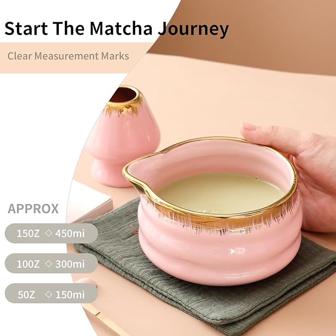 7-Piece Matcha Whisk Set: Pink Ceramic Bowl with Spout Edge (Golden Texture Design), Including Bamboo Whisk, Sieve, Spoon, etc., Suitable for Home Use/Matcha Lovers, Easy to Clean