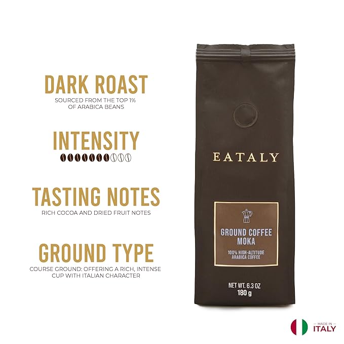 Eataly 100% High Altitude Arabica Macinato Moka Ground Coffee, 6.3 oz Bag, Pack of 1