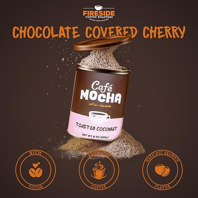 Fireside Coffee Toasted Coconut Cafe Mocha - Instant Coffee Chocolate Blend - Premium Caffeinated Drink Mix for Hot, Iced, Milkshake, and Mocha Frappe Mix, Only Add Water and Enjoy, 8 Ounces