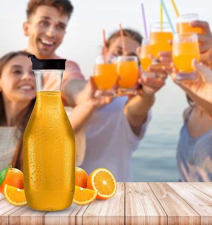 Party Bargains 50 oz. Plastic Carafe with Lids - Clear, 2 Count, Black Flip Tab Lid Premium Quality & Heavy Duty Plastic Pitcher for Iced Tea, Powdered Juice, Cold Beverages, Mimosa Bar