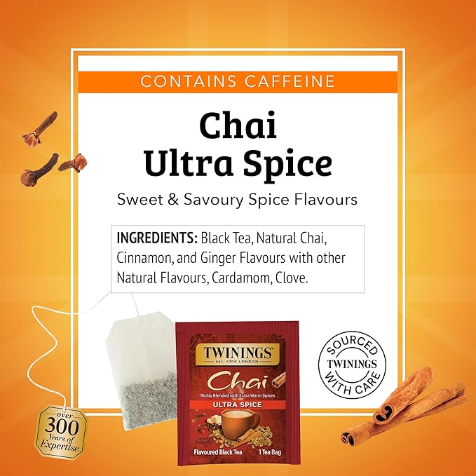 Twinings Ultra Spice Chai Black Tea Individually Wrapped Bags, 20 Count (Pack of 1), Sweet, Savoury Spices, Caffeinated, Enjoy Hot or Iced, 20 Teabags