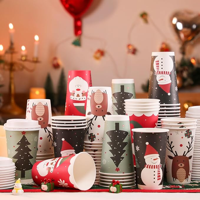 100 Pack 16 oz Christmas Coffee Cups with Lids, Disposable To Go Paper Coffee Cups for Hot/Cold Drinks Office Home Shop Event (Colorful)
