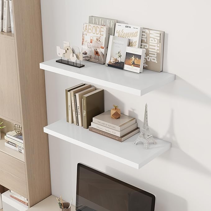 Dreamland 30" Floating Shelves for Wall, 12" Deep Slim White Floating Shelves, Wall-Mounted Shelves for Bedroom, Living Room, Kitchen, Bathroom - Set of 2