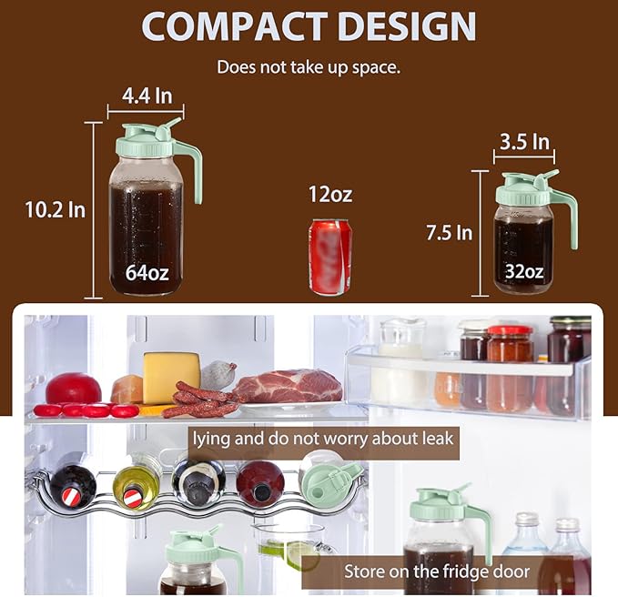 Cold Brew Coffee Maker Pitcher, Green 64 Oz Heavy Duty Wide Mouth Glass Mason Jar pour spout Lid with Stainless Steel Filter for Iced Coffee, Ice Drinks