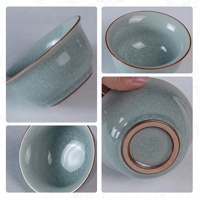 KAMMAK Tea Cup Set of 2 Porcelain Small Tea Cups 2oz Japanese Tea Cup, Asian Handmade Ceramic Teacups for Home, Party, Office, Chinese Kung Fu Tea Set for Hot/Cold Drink (Bell-Ice Crackle Glaze)