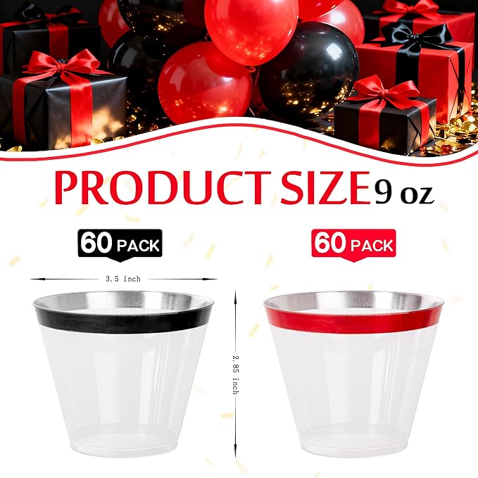 WELLIFE 120PCS Black and Red Cups,9 OZ Clear Plastic Cups,Plastic Cocktail Glasses,Disposable Wine Glasses for Parties(60 Red, 60 Black)