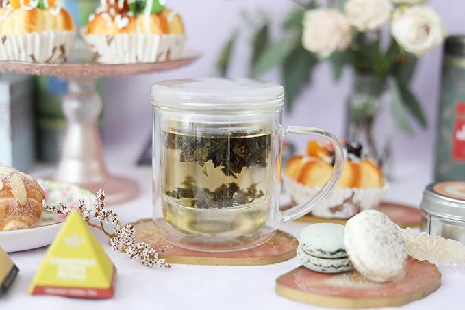 Teabloom Heatproof and Insulated Borosilicate Glass Tea Cup with Infuser for Whole-Leaf Loose Tea – Tea Purist's Choice – Wellbeing Double-Walled Infusion Mug with Lid (8 oz)