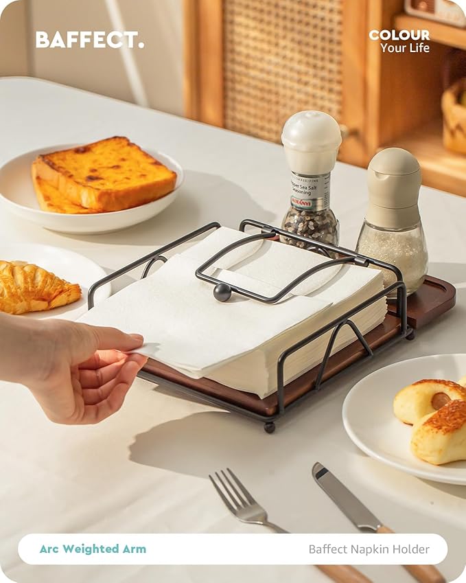 Baffect Napkin Holder For Table With Salt And Pepper Tray, Flat Napkin Dispenser With Weighted Arm,Black Napkin Storage For Dinner, Table Decor, Kitchen, Home Bar, Party, Hotel (Wood, Metal)
