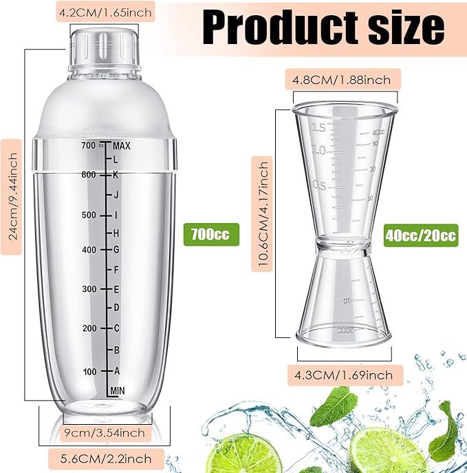 10 Pcs Plastic Cocktail Shaker Set, Including 8 Pcs 24 oz Clear Coffee Shaker Drink Mixer with Measurements 2 Double Measuring Jigger Bar Cup for Tea Coffee Bubble Tea Milk