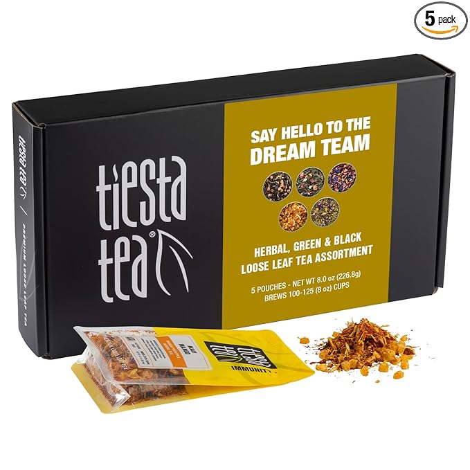 Tiesta Tea - Top Loose Leaf Tea Gift Box, High to Non-Caffeinated Assorted Blends, 5 Pouched Bags for Hot & Iced Brews Variety Pack, Green, Herbal, Black & Fruit