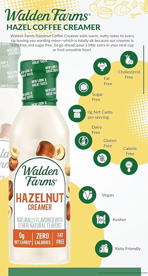 Walden Farms Hazelnut Coffee Creamer – Zero Calorie, Sugar Free, Keto & Fat Free Non-Dairy Creamer for Coffee & Lattes – 12 oz Bottle
