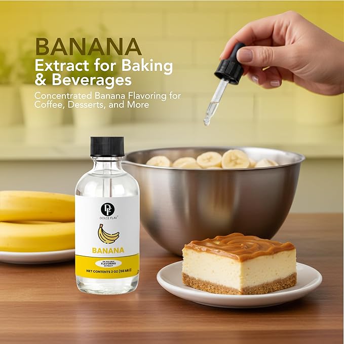Dolce Flav Banana Extract – 2 Ounce Oil-Soluble Kosher, Sugar-Free, Concentrated Ripe Banana Flavoring for Baking, Smoothies & Ice Cream, Includes Measured Dropper