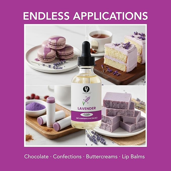 Dolce Flav Natural Lavender Extract – 2 Ounce Oil-Soluble Kosher, Sugar-Free, Concentrated Floral Lavender Flavoring for Baking, Chocolates & Desserts, Includes Measured Dropper