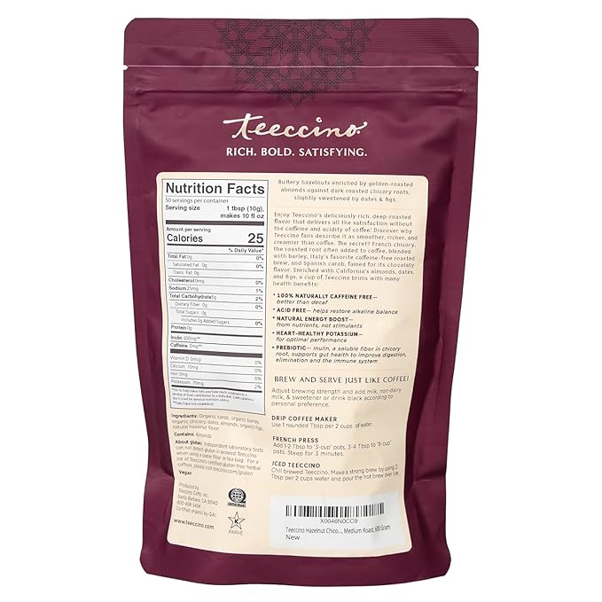 Teeccino Hazelnut Chicory Coffee Alternative - Ground Herbal Coffee That’s Prebiotic, Caffeine Free & Acid Free, Medium Roast, 1.1 Pound