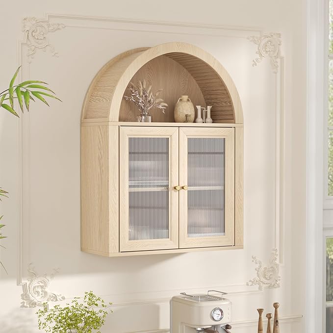 Arched Bathroom Cabinet, Wall Mounted Bathroom Cabinet with Tempered Glass Doors and Adjustable Shelf, for Kitchen, Living Room, Laundry Room, Restroom, Oak