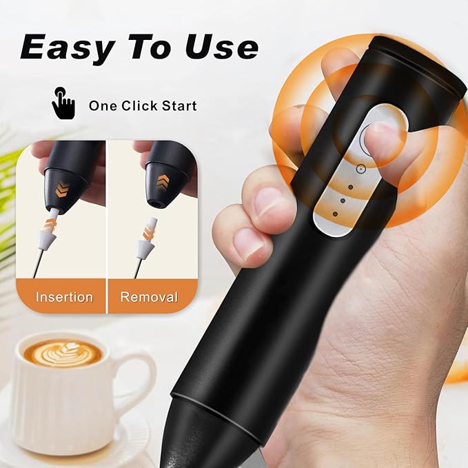 Rechargeable Milk Frother, Handheld Drink Mixer Electric Foam Maker for Coffee with Stainless Steel Whisk ＆ 3 Speeds, USB-C Coffee Frother Wand for Latte, Matcha, Protein Powder, Xmas Gift (Black)