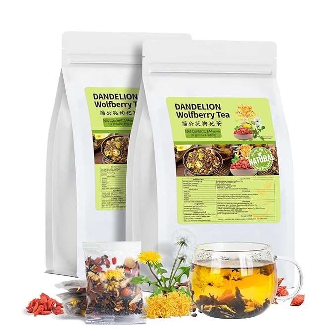 Dandelion Wolfberry Tea Bags, Natural Kidneys & Liver Health Tea with Dandelion, Chrysanthemum, Wolfberry, Cassia Seed, Licorice, Orange Peel, Gardenia, Dandelion Root Tea (2 Pack/24 Bags)