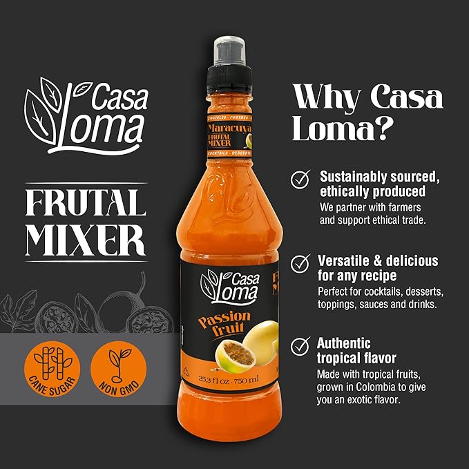 Casa Loma Premium Passionfruit Syrup – 750 ml Authentic Colombian Gourmet Artisan Crafted Syrup Sauce for Beverages, Desserts, Cooking & Mixology, Made with Real Fruit, Vegan, Non-GMO, and Gluten-Free