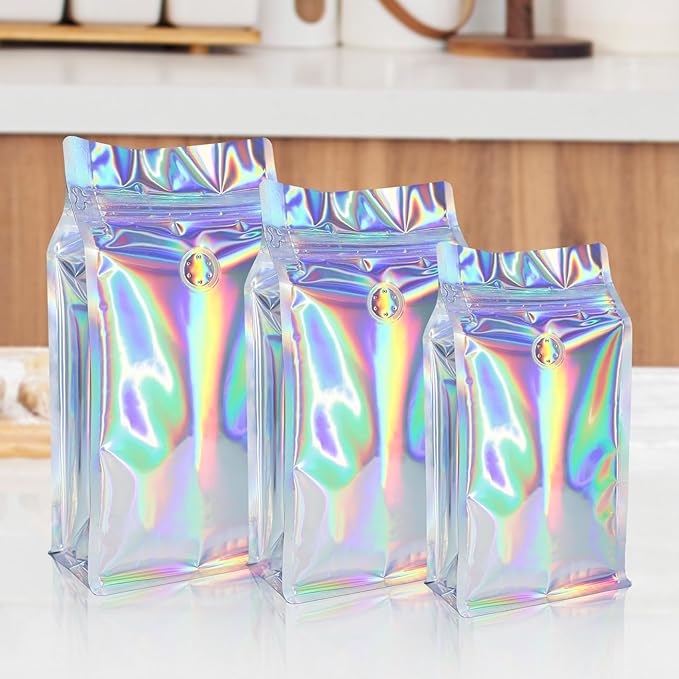50 PCS Upgraded Coffee Bags with Valve (Holographic, 32 oz/2 lb), Black High Barrier Aluminum Foil Flat Bottom Standing Coffee Bean Storage Bags, Heat Sealable Resealable Bag for Home.