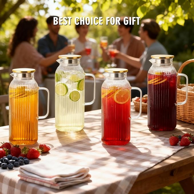 GLASKEY 2.1 Liter 71oz Square Glass Pitcher with Lid, Classic Stripes Water Pitchers with Handle for Fridge, Leak Proof Juice Jug, Borosilicate Glass Carafe for Hot/Cold Brew Drink