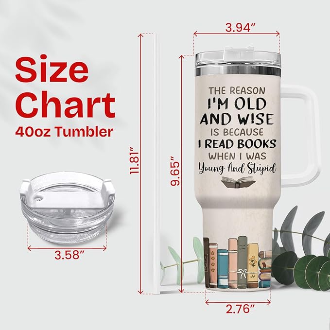 34HD Black Cat Mom Tumbler with Handle and Straw, 40oz Book Themed Cup Stainless Steel, Bookworm Coffee Mug, Cat and Book Birthday Gifts for Women Men Friends