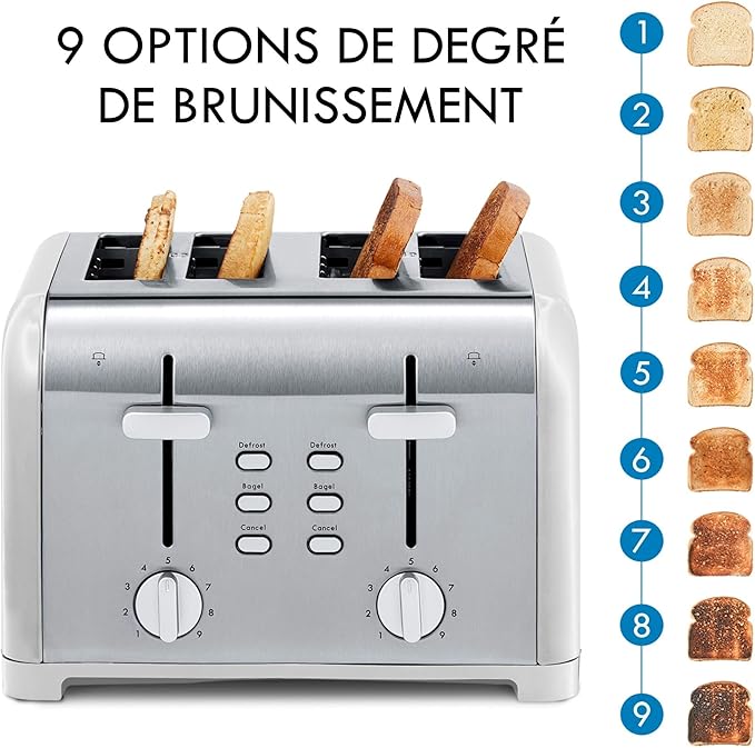 Kenmore toaster 4 slice - extra wide slot countertop kitchen appliance, defrost function, tostador de pan, 9 shade settings, compact design, easy clean crumb tray, bread bagel, stainless steel & White