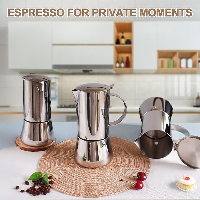 Uncoated 2 Cup Moka Pot 304 Thickened Stainless Steel Coffee Maker Stovetop Espresso Coffeemaker Italian Classic Style Brewing Greca Cafe Mocha Machine for Cafeteras Camping Travel Home 100ml 3.3oz