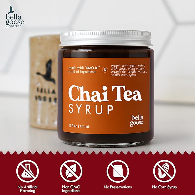 Bella Goose Chai Tea Syrup for Coffee (16oz) - Homemade Chai Tea Latte Syrup with Pure Cane Sugar, Vanilla & Spices - Clean Ingredient - No Artificial Flavors, Oils or Dyes Syrups for Coffee Drinks
